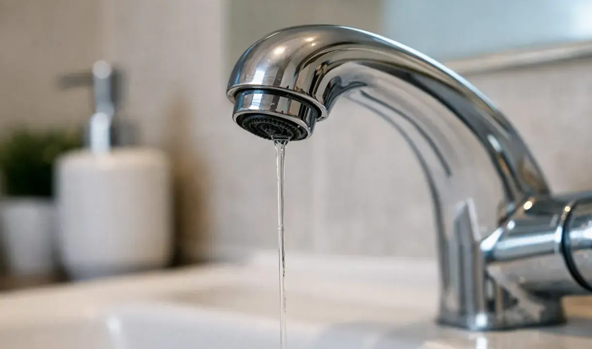 Un rubinetto cromato gocciola, un filo d'acqua che abbassa la pressione. Sullo sfondo, un dispenser di sapone e una pianta.