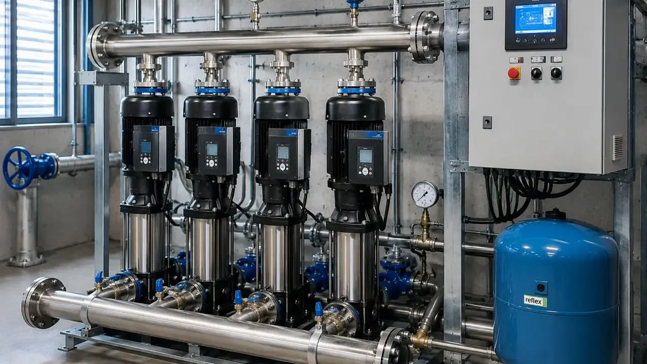 Un impianto di pressurizzazione con quattro pompe in linea, un pannello di controllo digitale e un serbatoio blu Reflex.