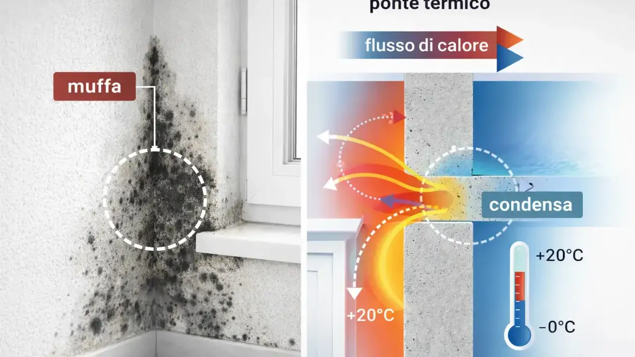Muffa e condensa causate da un ponte termico finestra. Soluzioni per eliminare ponte termico finestra e prevenire la muffa.