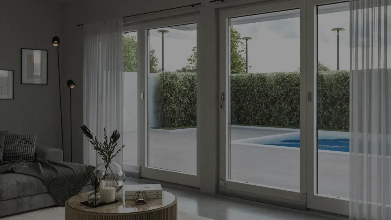 Soggiorno moderno con grandi vetrate che si affacciano su una piscina. L'isolamento acustico garantisce tranquillità.