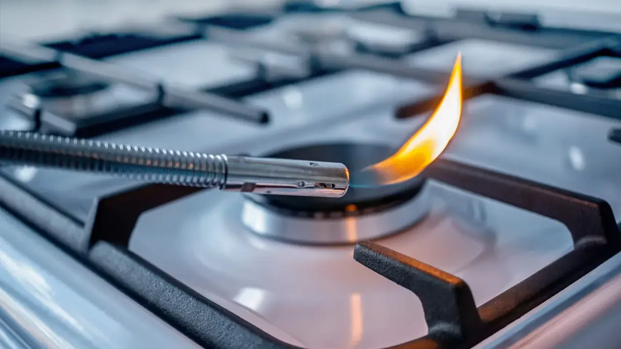 Accensione di un fornello a gas con un accendigas. La fiamma arancione danza, alimentata dal **natural gas**.