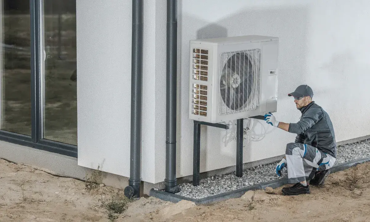 Tecnico che installa un inverter per pompa di calore all'esterno di un edificio.