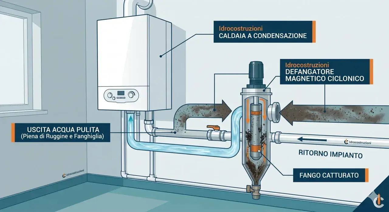Il defangatore magnetico ciclonico serve a rimuovere ruggine e fanghi dall'acqua della caldaia, garantendo un impianto più pulito e efficiente.