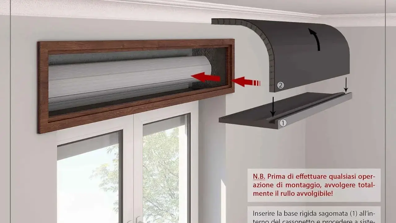 Installazione di un pannello per come isolare i cassonetti delle tapparelle. La fase 2 mostra l'inserimento di una base rigida e di un pannello curvabile.