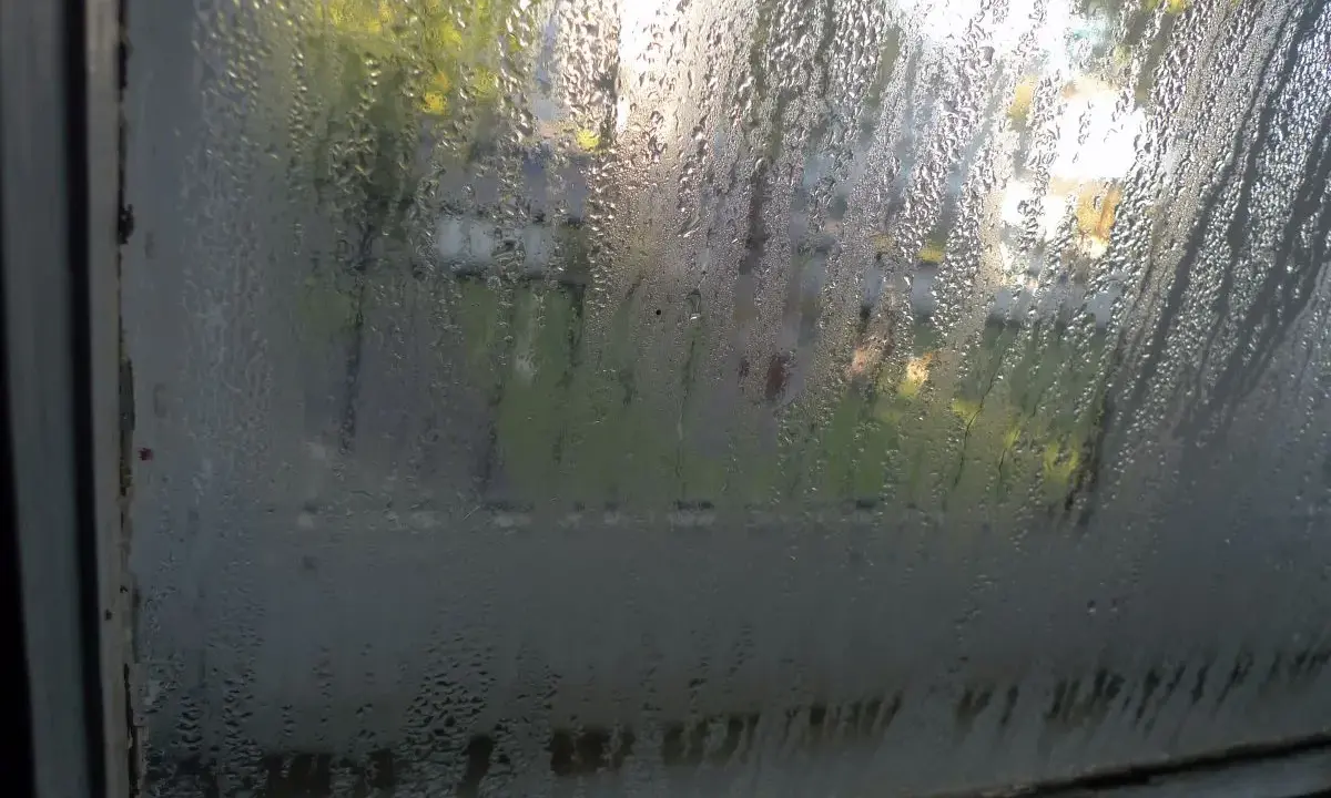 Vetri appannati: un segnale che è ora di capire come misurare umidità in casa. Goccioline d'acqua sul vetro riflettono la luce esterna.
