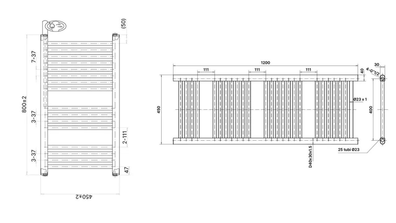 Disegno tecnico di un termoarredo con misure per il calcolo watt termosifoni.