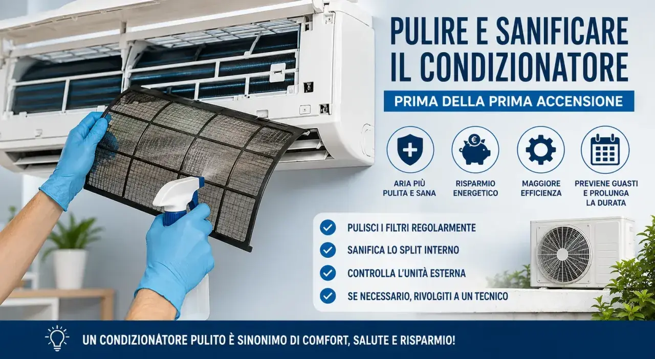 Mani con guanti blu puliscono il filtro del condizionatore. La pulizia dei condizionatori garantisce aria sana e risparmio.
