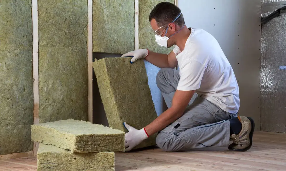 Operaio con maschera e occhiali installa pannelli di lana di roccia per cappotto interno, prima del cartongesso.