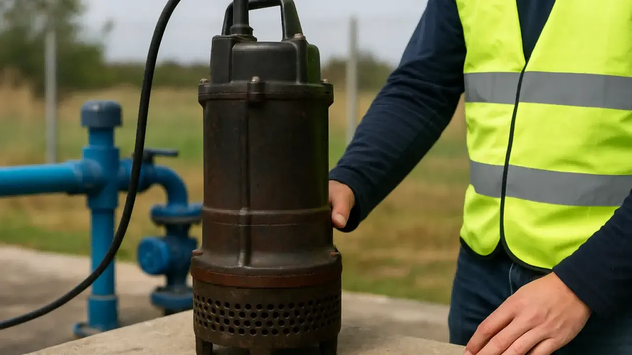 A person in a high-visibility vest holds a submersible pump next to blue pipes.