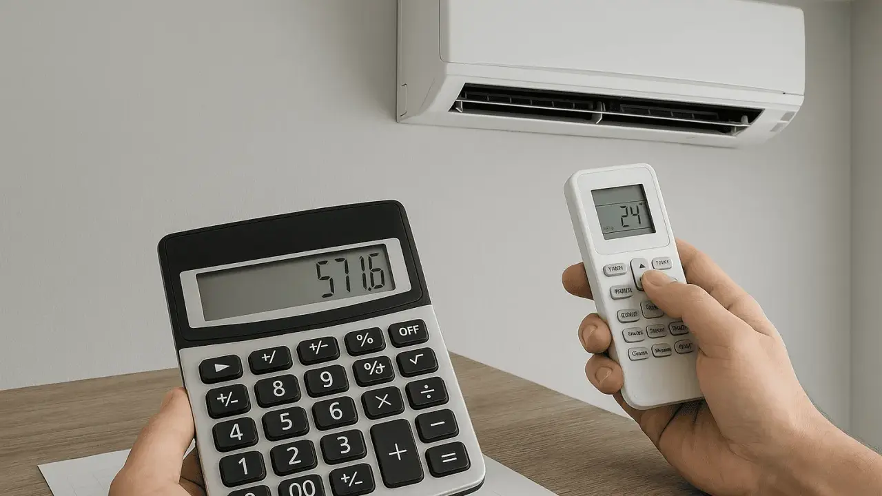 Calcolo del consumo energetico del condizionatore. Una mano tiene un telecomando impostato a 24 gradi, l'altra una calcolatrice con il numero 571.6.