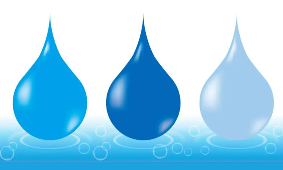 Gocce d'acqua blu, simili alla condensa del motore di un condizionatore, su uno sfondo bianco con cerchi concentrici.