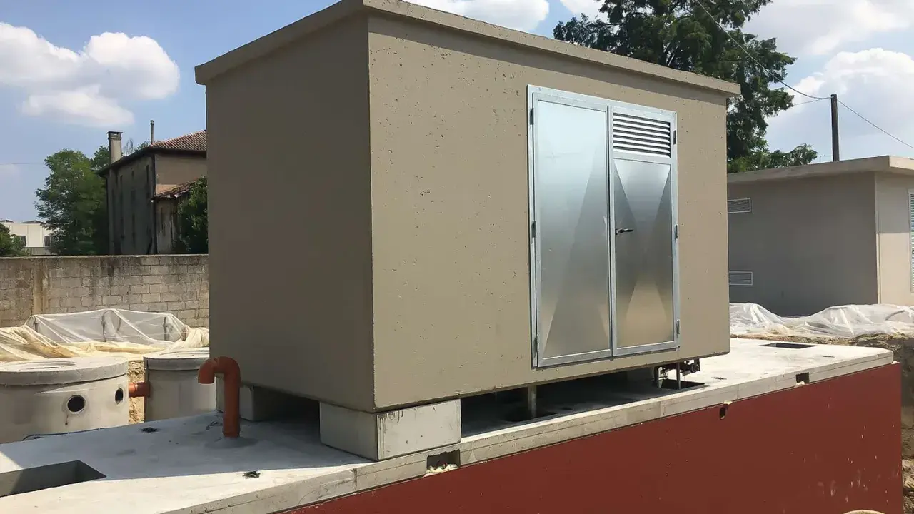 Edificio prefabbricato con porte metalliche, probabilmente per ospitare una pompa soprabattente, su una base in cemento.