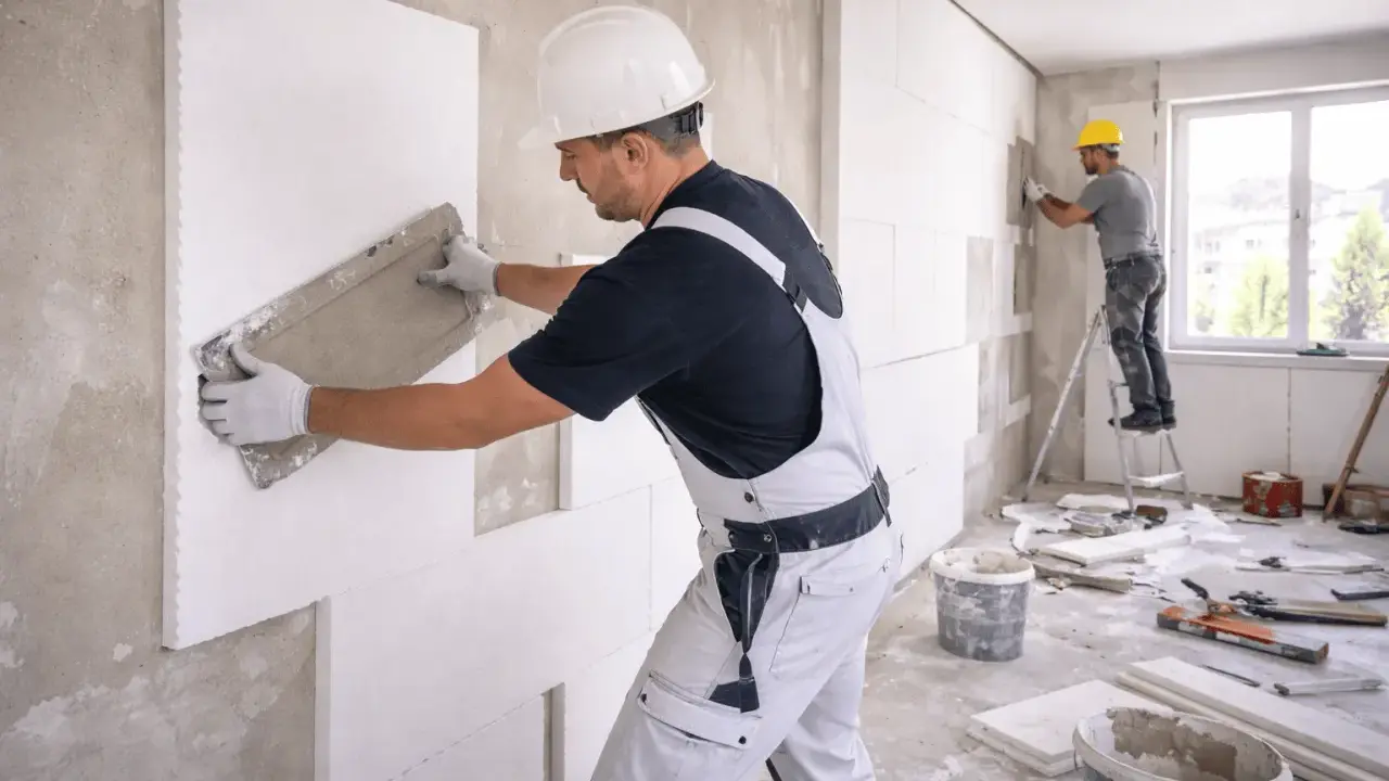 Operai applicano pannelli isolanti su un muro, creando un cappotto interno o esterno per migliorare l'efficienza energetica.