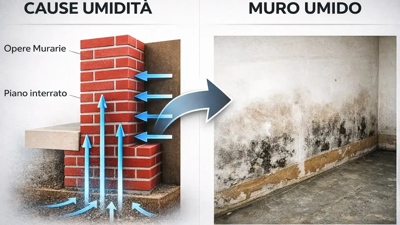 Illustrazione delle cause dell'umidità di risalita: acqua nel terreno che sale attraverso le murature, creando un muro umido con muffa.