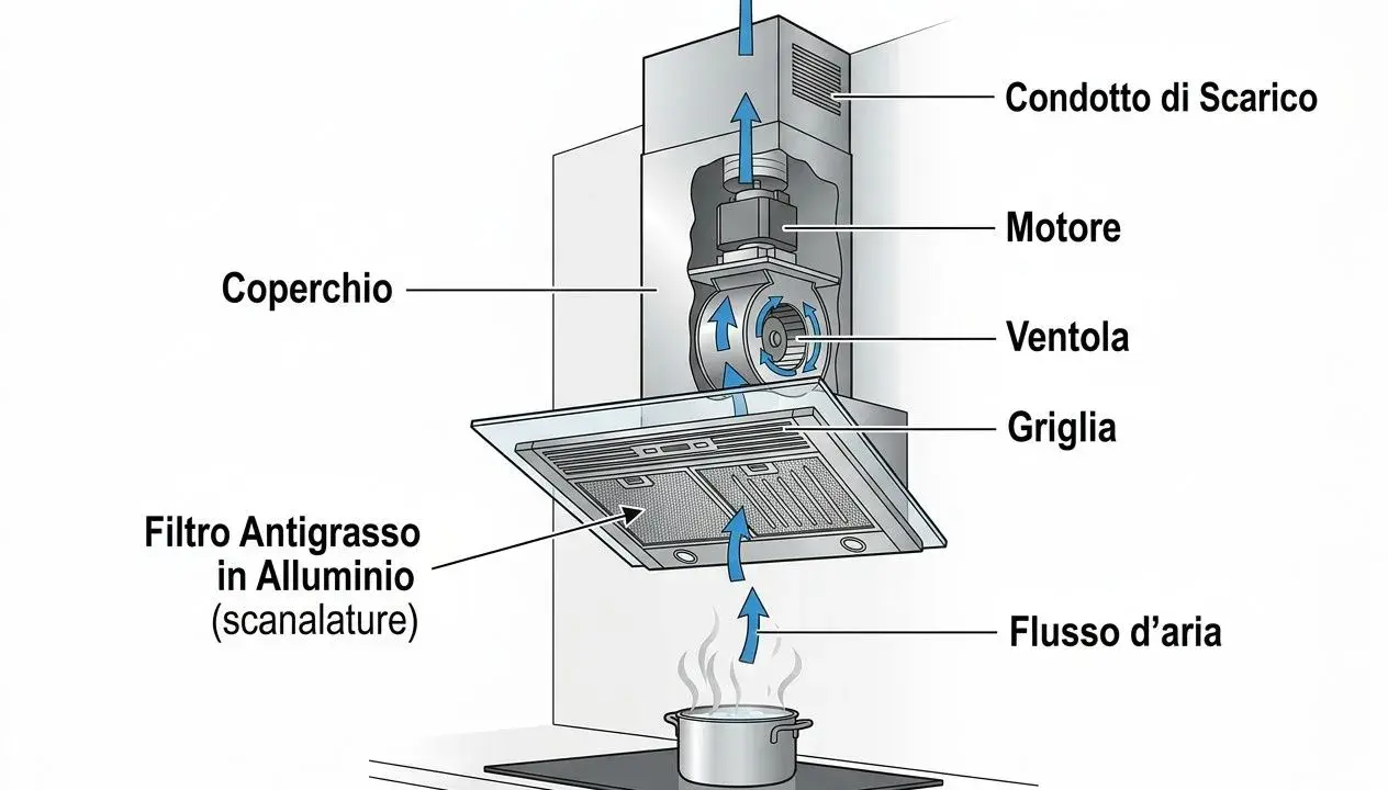 Schema di una cappa aspirante che mostra il flusso d'aria attraverso il filtro antigrasso in alluminio, il motore e la ventola. Utile per capire come pulire i filtri della cappa.