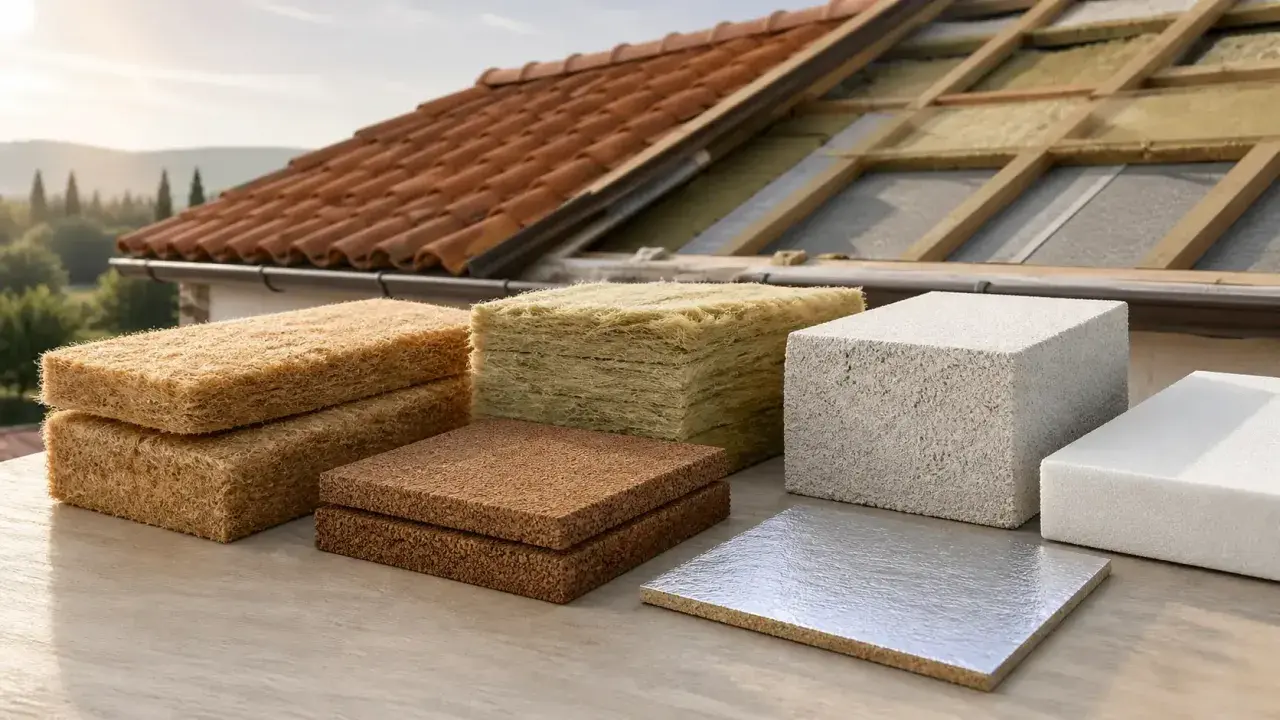 Vari tipi di materiale isolante calore, da fibre naturali a schiume, pronti per l'installazione su un tetto in costruzione.