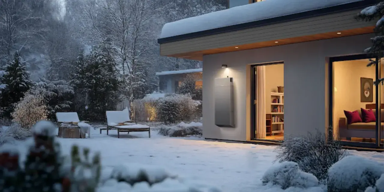 Un sistema moderno per riscaldare casa senza termosifoni e senza spendere troppo, con un'unità esterna in una giornata nevosa.