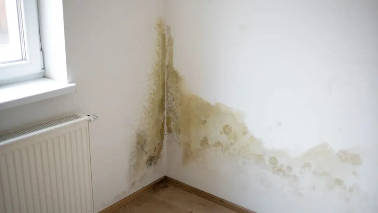 Angolo di una stanza con macchie di muffa giallastra e verdastra sul muro, un segno evidente di come riconoscere le infiltrazioni d'acqua.