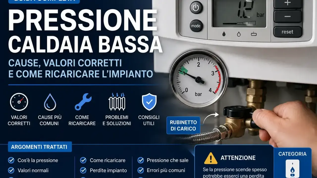 Guida completa: pressione caldaia bassa. Cause, valori corretti e come ricaricare l'impianto. Attenzione: se la pressione scende spesso, potrebbe esserci una perdita.