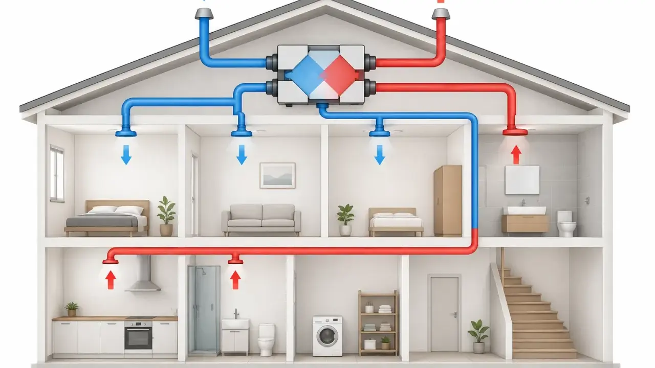 Schema di una casa con sistema di ventilazione meccanica controllata (VMC centralizzata). Aria fresca immessa (blu), aria viziata espulsa (rossa).