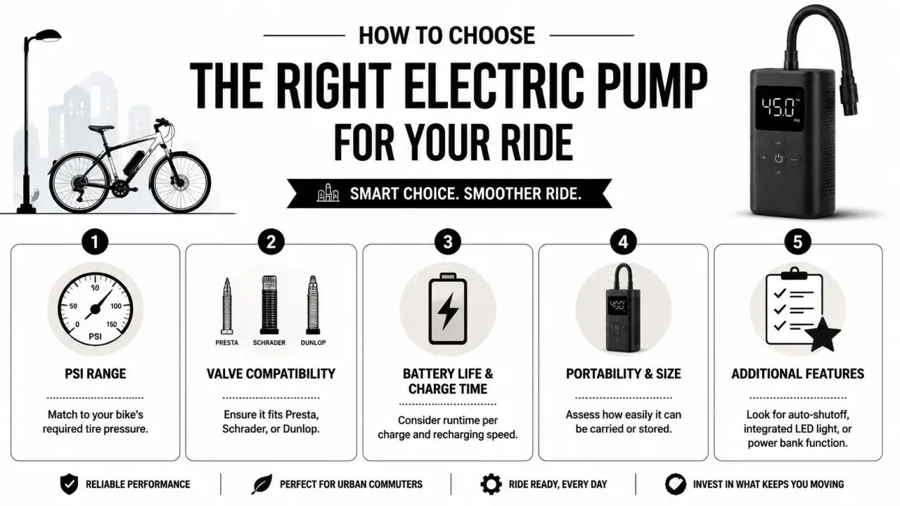 Infographic showing how to choose an electric bike pump, with sections on PSI range, valve compatibility, battery life, portability, and features.