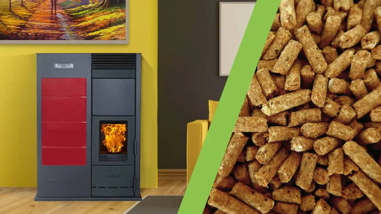 Stufa a pellet moderna con fiamme vive e un mucchio di pellet, che illustra come funziona una stufa a pellet.