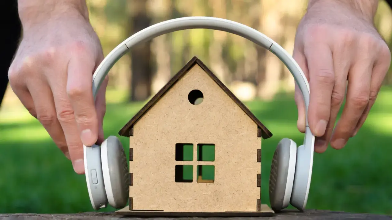 Mani posizionano cuffie su una casa giocattolo, come se volessero ascoltare suoni a 110 decibel.