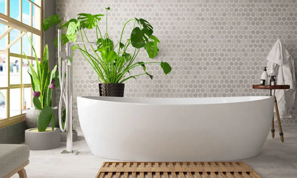 Un bagno umido cosa fare? Una vasca bianca, piante verdi e un tappetino in legno.