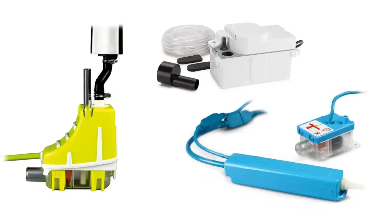 Pompa condensa condizionatore: un kit completo con diverse unità per gestire l'acqua in eccesso, inclusa una pompa gialla e una bianca.