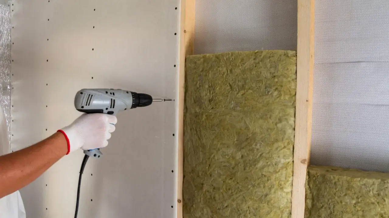 Mano con guanto bianco avvita cartongesso su struttura in legno, con isolamento in lana di roccia. Un esempio di isolamento acustico, che riduce il rumore a circa 75 decibel.