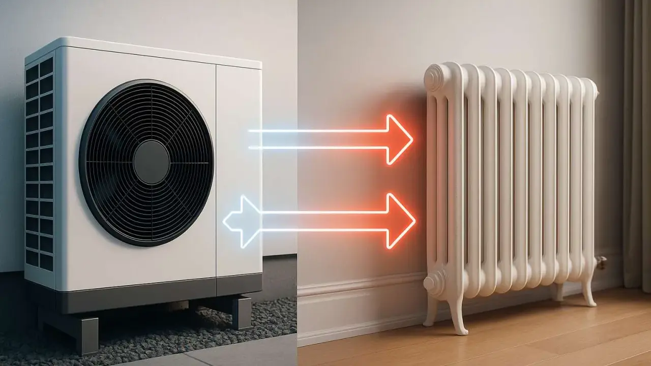 Pompa di calore che alimenta radiatori a bassa temperatura, con frecce luminose che indicano il flusso di calore.