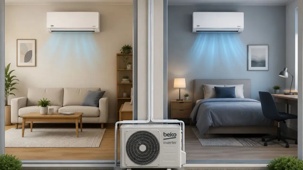 Unità esterna Beko Inverter per come rinfrescare due stanze: un soggiorno e una camera da letto, con aria fresca che esce dai split.