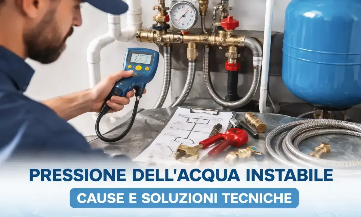 Idraulico controlla la pressione dell'acqua con uno strumento digitale. Il manometro indica una pressione troppo alta, suggerendo un problema da risolvere.