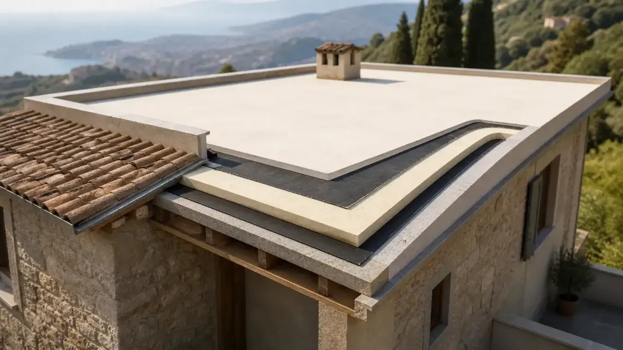 Dettaglio costruttivo di un tetto piano con strati isolanti. Scopri quanto costa isolare un tetto per un comfort ottimale.