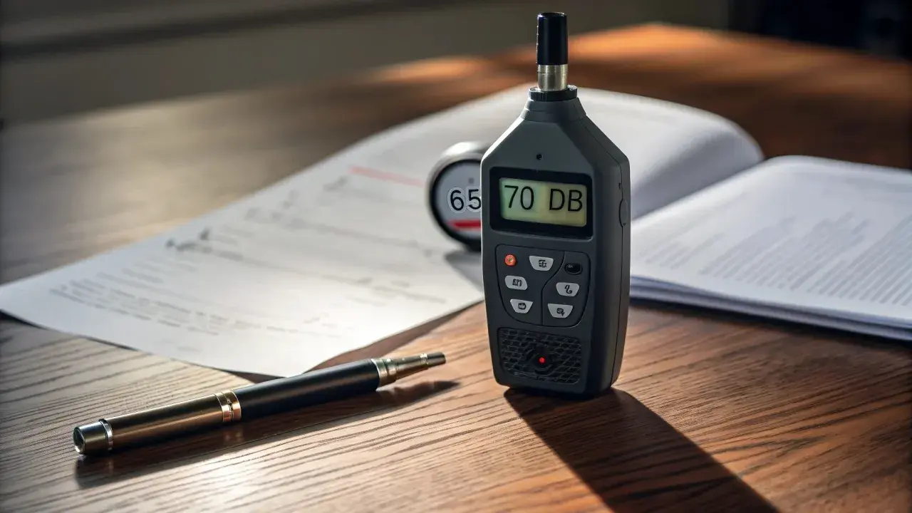 Fonometro cos'è? Uno strumento digitale mostra 70 dB, accanto a documenti e una penna.