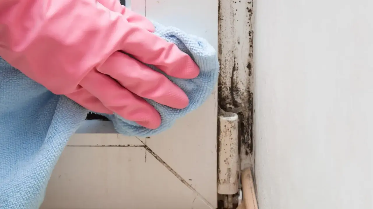Mano con guanto rosa pulisce con panno azzurro la muffa rossa sul muro vicino a una cerniera.