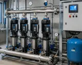 Un impianto di pressurizzazione con quattro pompe in linea, un pannello di controllo digitale e un serbatoio blu Reflex.