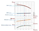Grafici di prestazione di una pompa: prevalenza, NPSH, potenza e rendimento in funzione della portata.