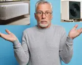 Uomo perplesso con radiatore e pompa di calore. Quali sono i migliori radiatori per pompa di calore?
