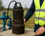 A person in a high-visibility vest holds a submersible pump next to blue pipes.