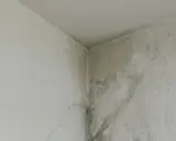 Angolo di un muro con evidenti segni di infiltrazione acqua, macchie scure e crepe.