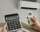 Calcolo del consumo energetico del condizionatore. Una mano tiene un telecomando impostato a 24 gradi, l'altra una calcolatrice con il numero 571.6.