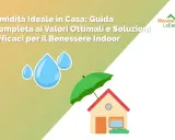 Guida per gestire la percentuale umidità in casa. Gocce d'acqua e una casa protetta da un ombrello verde.
