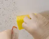 Mani guantate spruzzano un prodotto su un muro ammuffito e lo puliscono con una spugna gialla. Ecco come togliere la muffa dai muri.