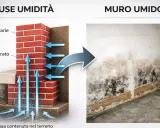 Illustrazione delle cause dell'umidità di risalita: acqua nel terreno che sale attraverso le murature, creando un muro umido con muffa.