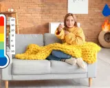 Woman on couch with yellow blanket, holding remote. Thermometer, water drop, and flame icons.