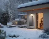 Un sistema moderno per riscaldare casa senza termosifoni e senza spendere troppo, con un'unità esterna in una giornata nevosa.