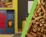Stufa a pellet moderna con fiamme vive e un mucchio di pellet, che illustra come funziona una stufa a pellet.