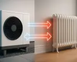 Pompa di calore che alimenta radiatori a bassa temperatura, con frecce luminose che indicano il flusso di calore.