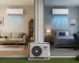 Unità esterna Beko Inverter per come rinfrescare due stanze: un soggiorno e una camera da letto, con aria fresca che esce dai split.